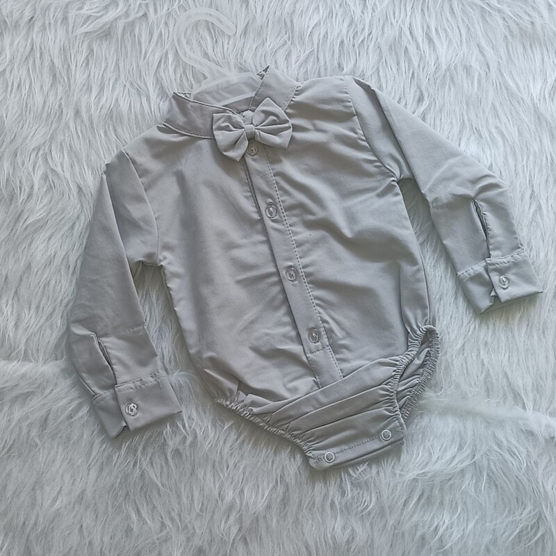 سیسمونی نوزادی پسرانه پیراهن زیردکمه مجلسی (بادی مجلسی)  طوسی پاپیون دار