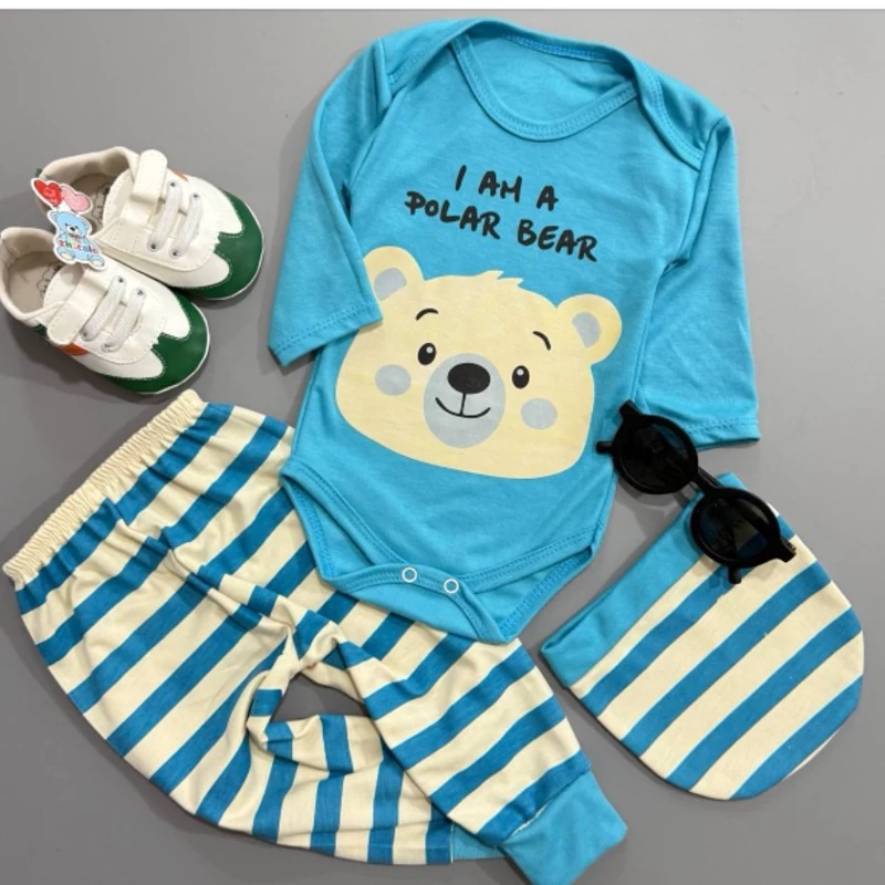 سیسمونی نوزادی پسرانه زیردکمه و شلوار و کلاه خرس آبی